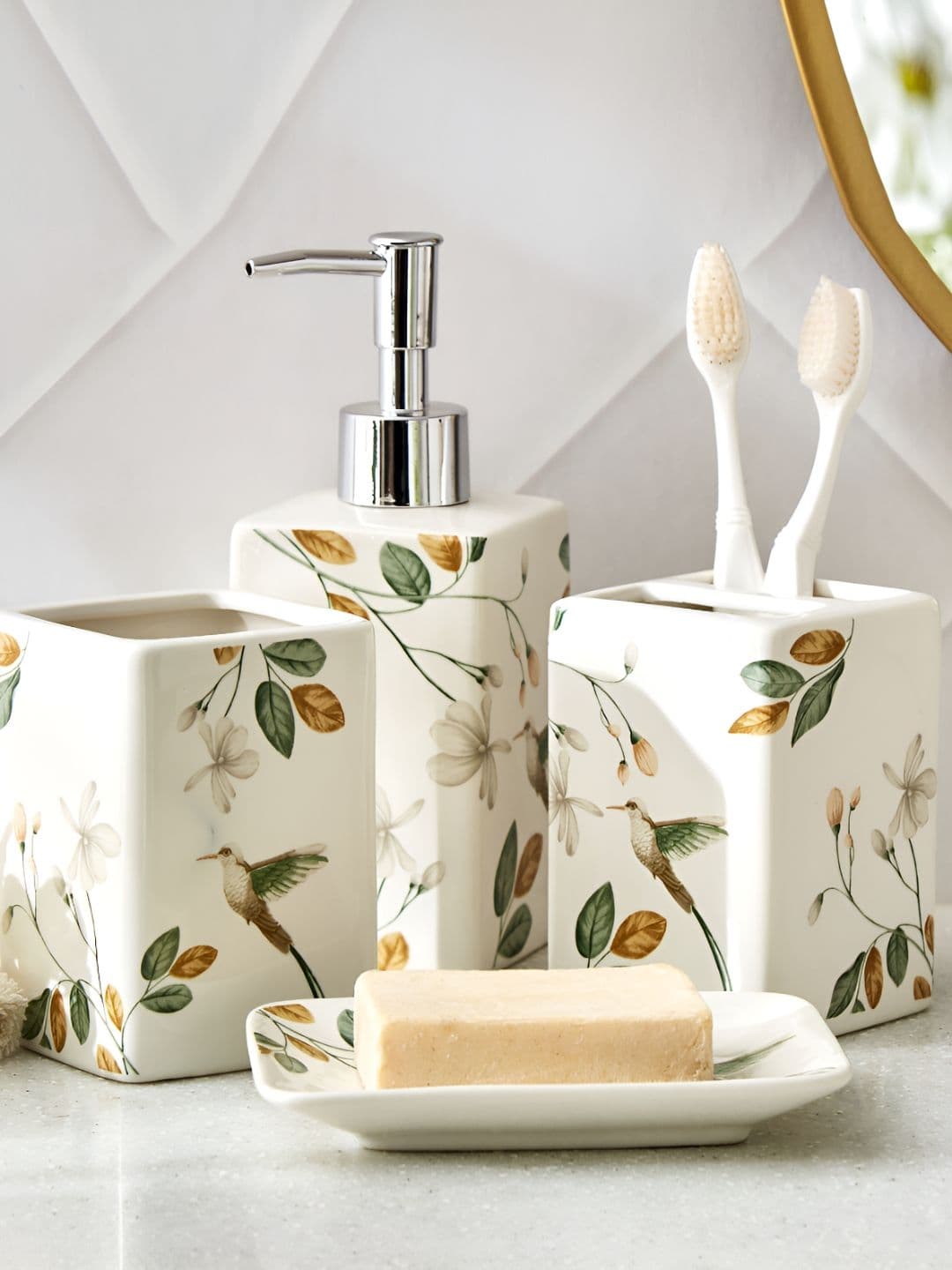 Home Centre White & Green Floral Ceramic Soap Dispenser thumbnail 5