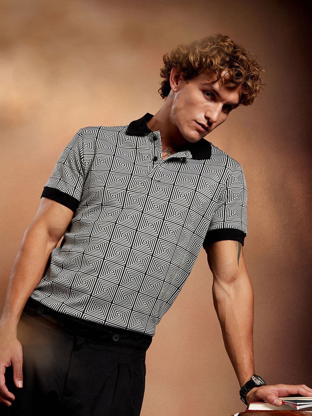 CAHOOT Geometric Printed Polo Collar Cotton T-shirt - view 1