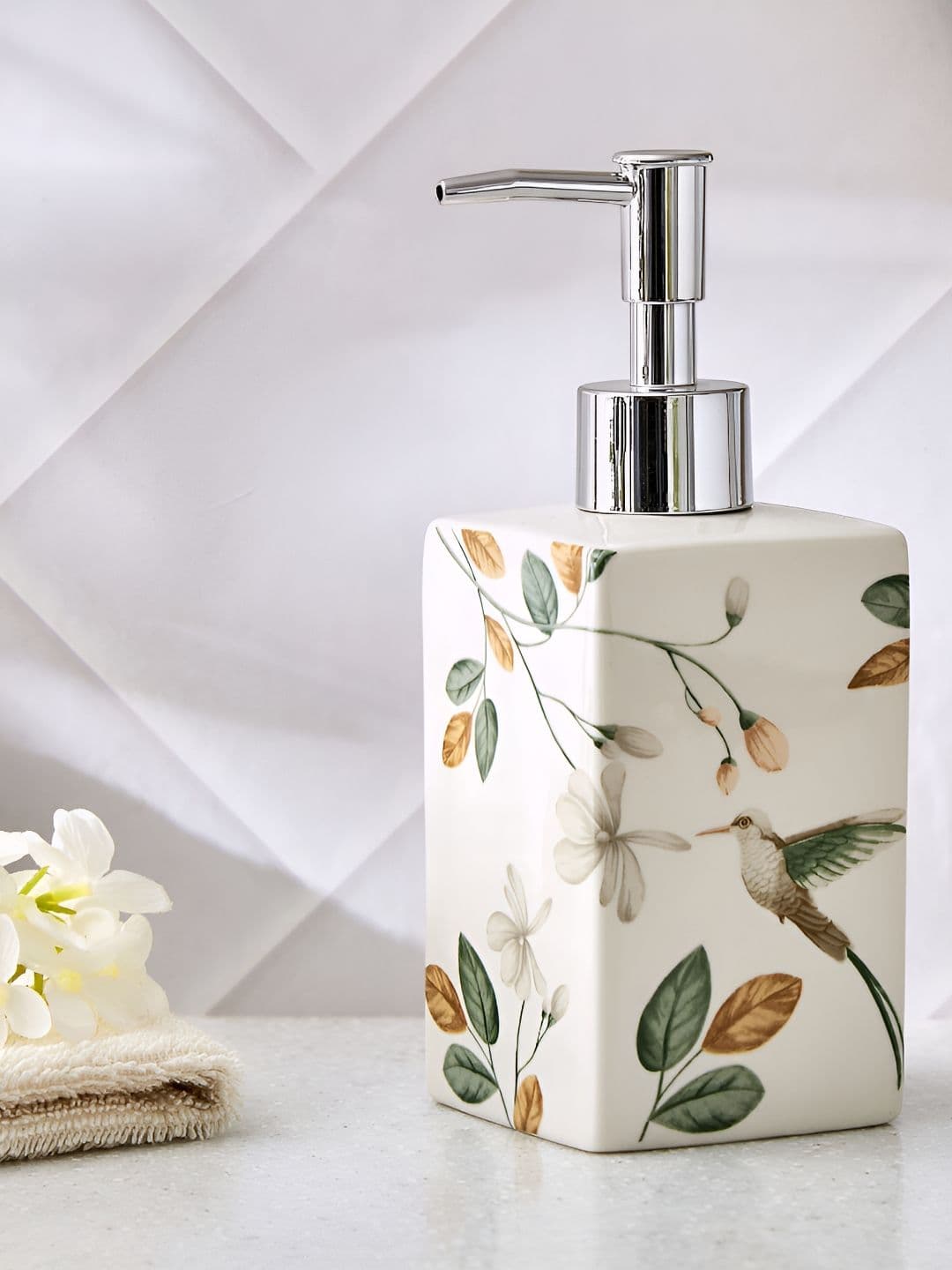 Home Centre White & Green Floral Ceramic Soap Dispenser - view 1