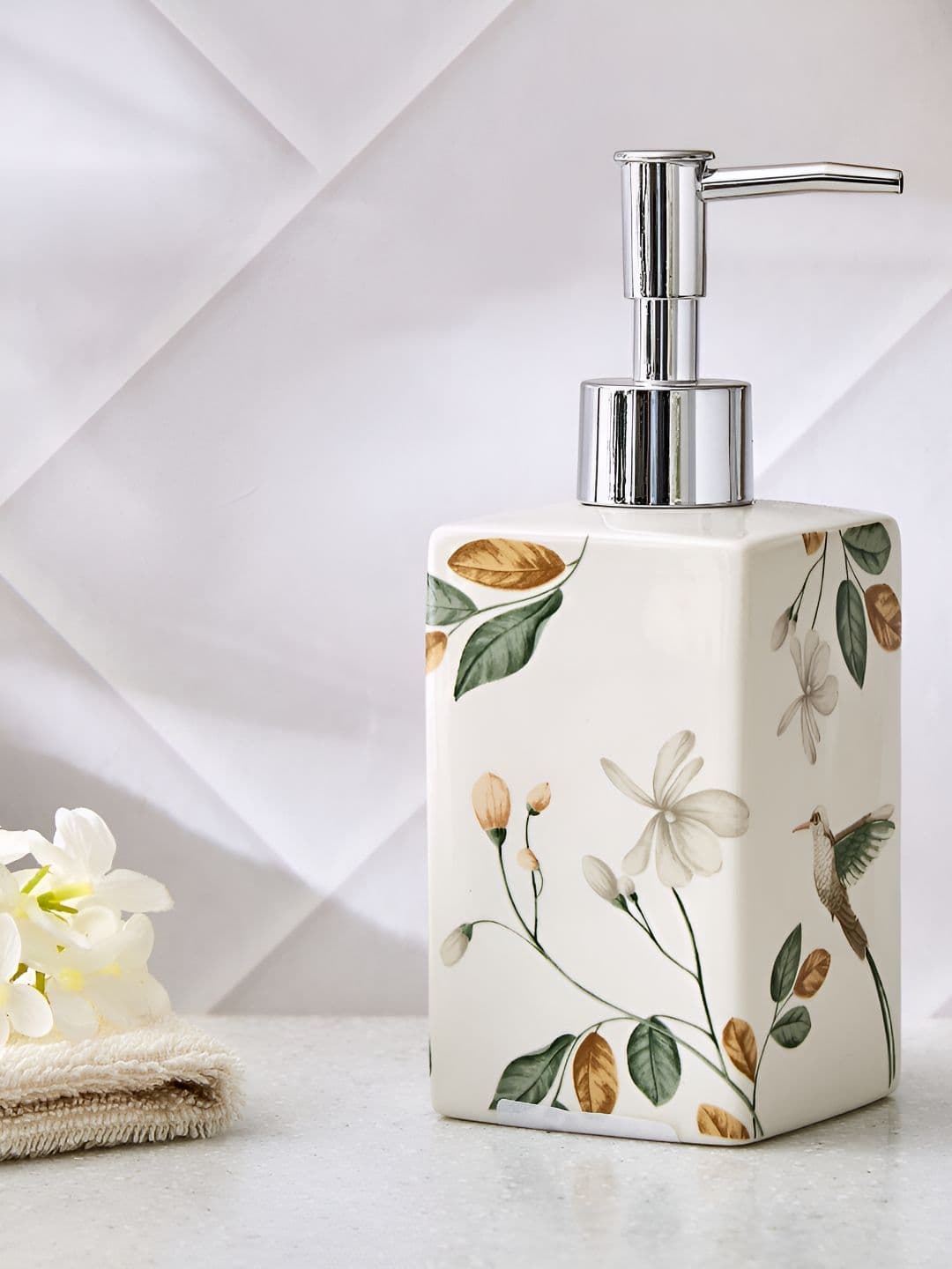 Home Centre White & Green Floral Ceramic Soap Dispenser thumbnail 4