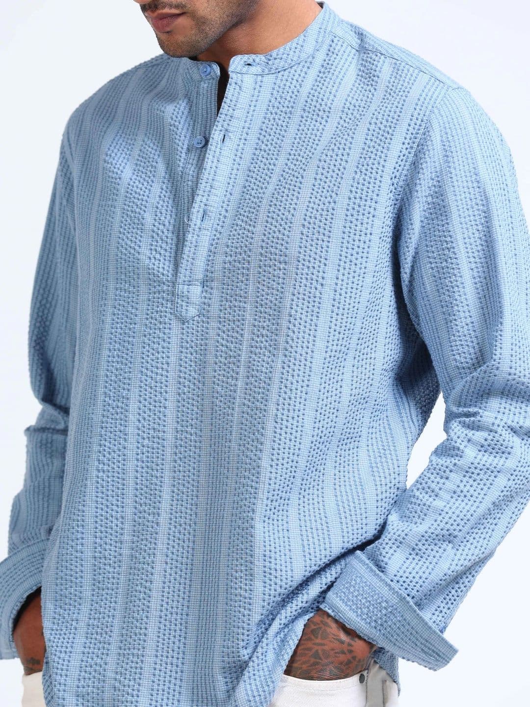 StitchX Men Seersucker Band Collar Pure Cotton Striped Kurta Shirt thumbnail 2