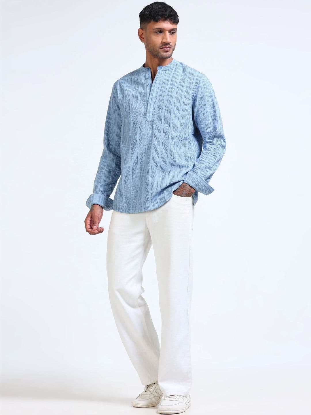 StitchX Men Seersucker Band Collar Pure Cotton Striped Kurta Shirt thumbnail 4