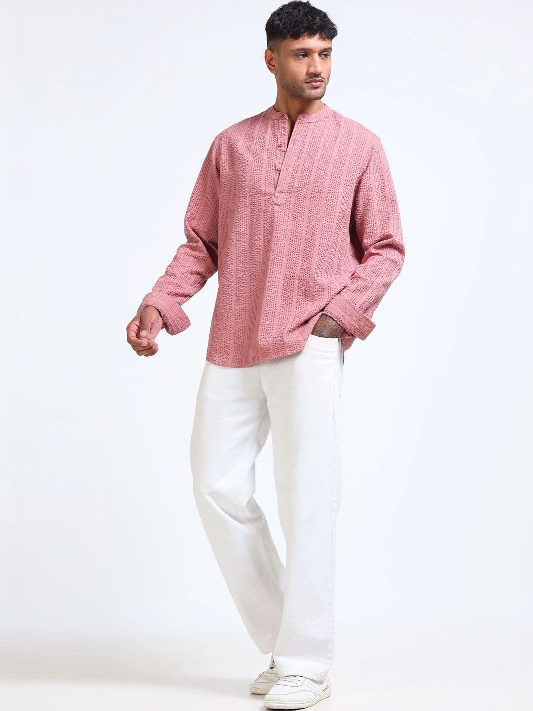StitchX Men Seersucker Band Collar Pure Cotton Striped Kurta Shirt thumbnail 2