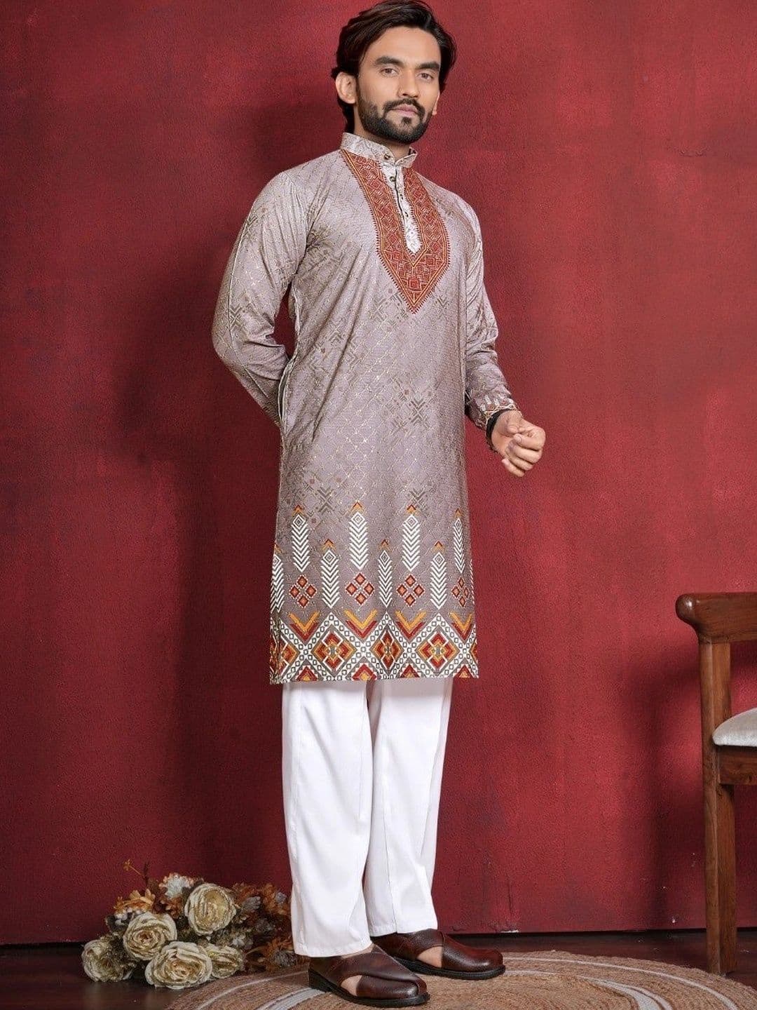 CHARLOTTE GRACIOUS Men Ethnic Motifs Printed Thread Work Kurta thumbnail 5