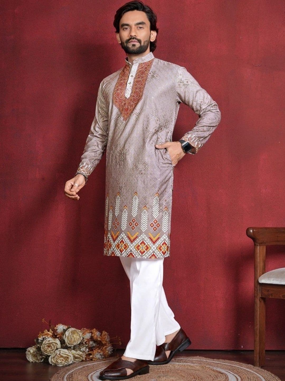 CHARLOTTE GRACIOUS Men Ethnic Motifs Printed Thread Work Kurta thumbnail 3