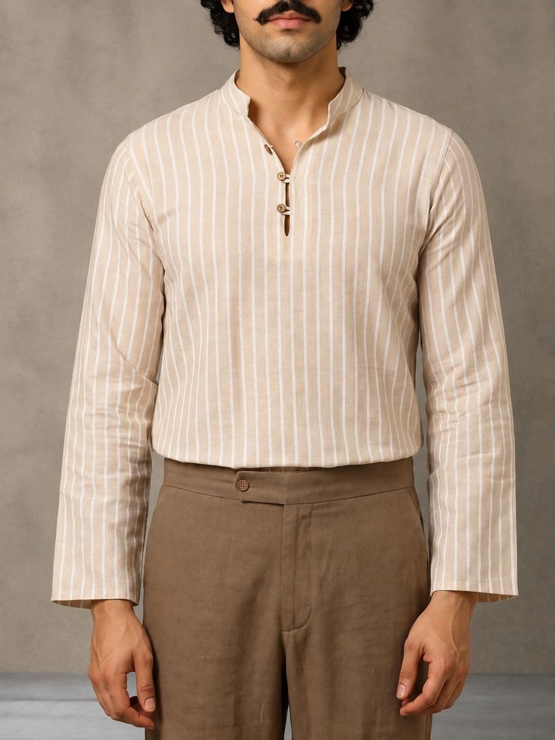 Navibhu Woven Design Striped Cotton Handloom Mandarin Collar Short Kurta thumbnail 2