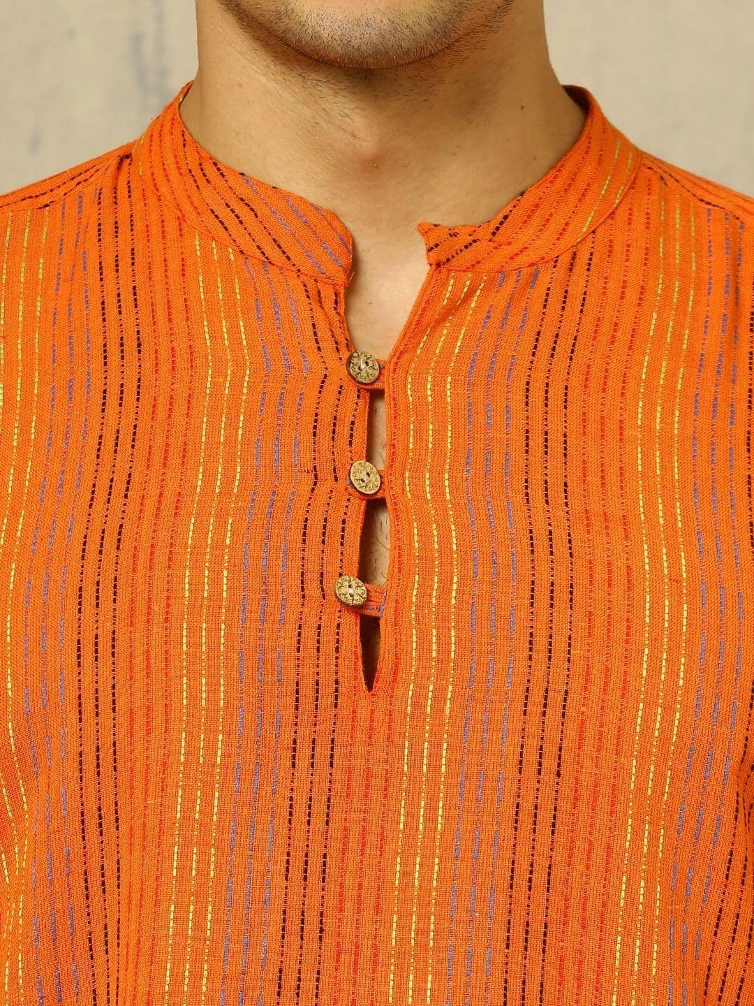 Navibhu Woven Design Striped Cotton Handloom Mandarin Collar Short Kurta thumbnail 5