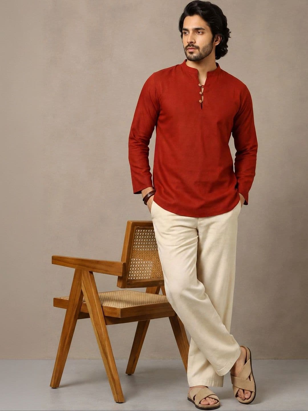 Navibhu Woven Design Solid Cotton Handloom Mandarin Collar Short Kurta - view 1