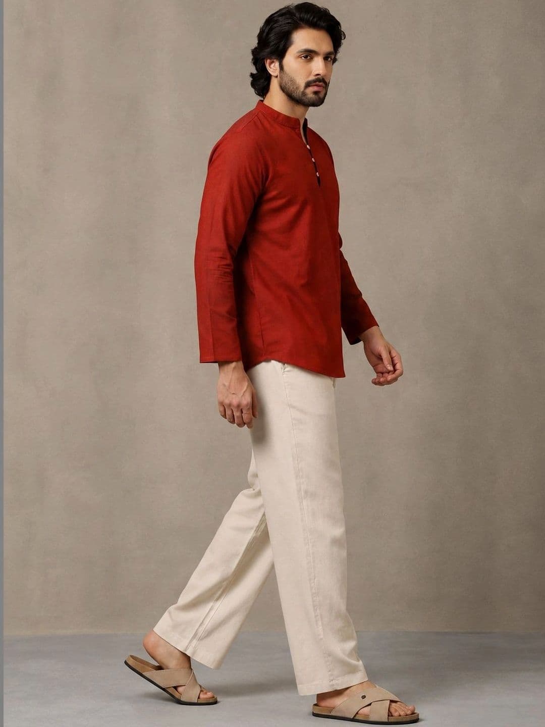 Navibhu Woven Design Solid Cotton Handloom Mandarin Collar Short Kurta thumbnail 6