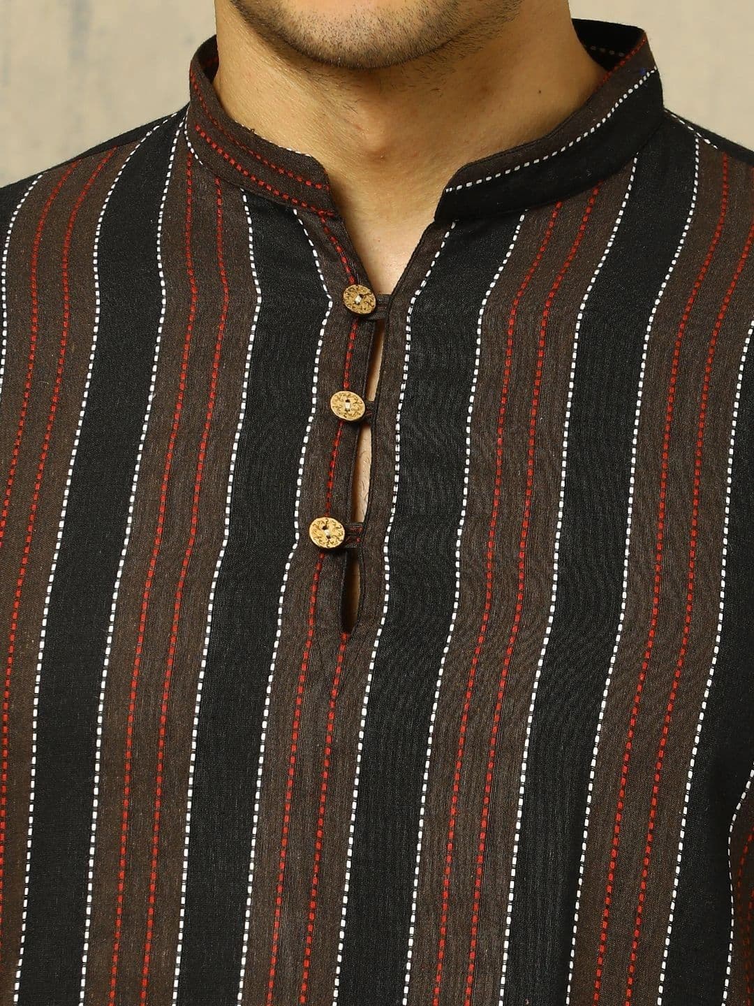 Navibhu Woven Design Striped Cotton Handloom Mandarin Collar Short Kurta thumbnail 4
