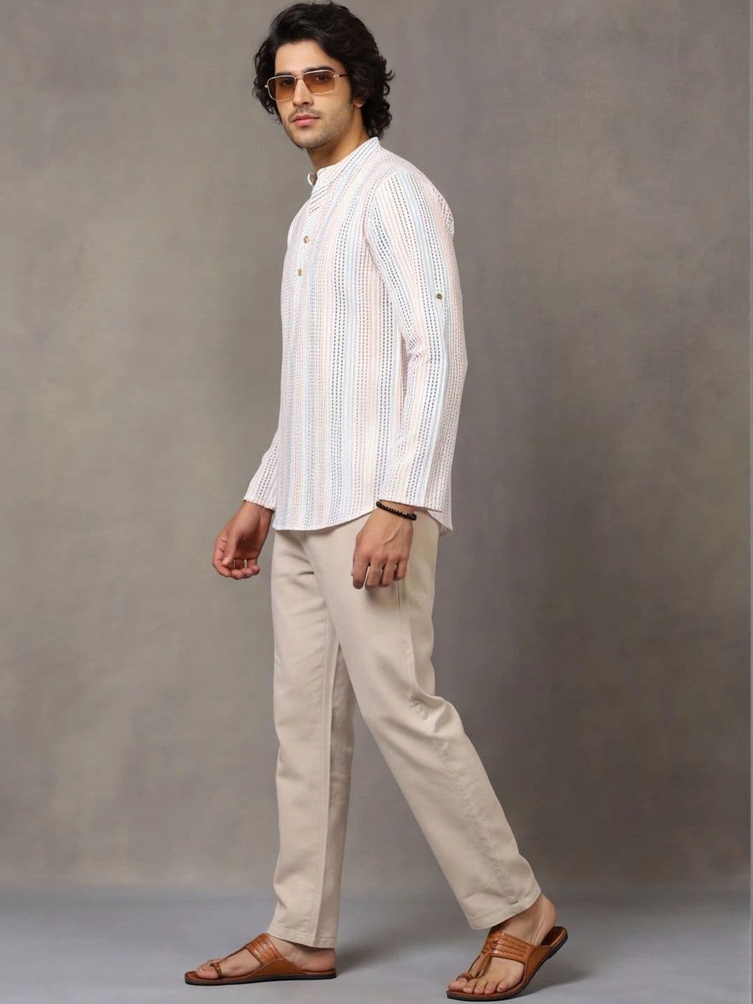 Navibhu Woven Design Striped Cotton Handloom Mandarin Collar Short Kurta thumbnail 6
