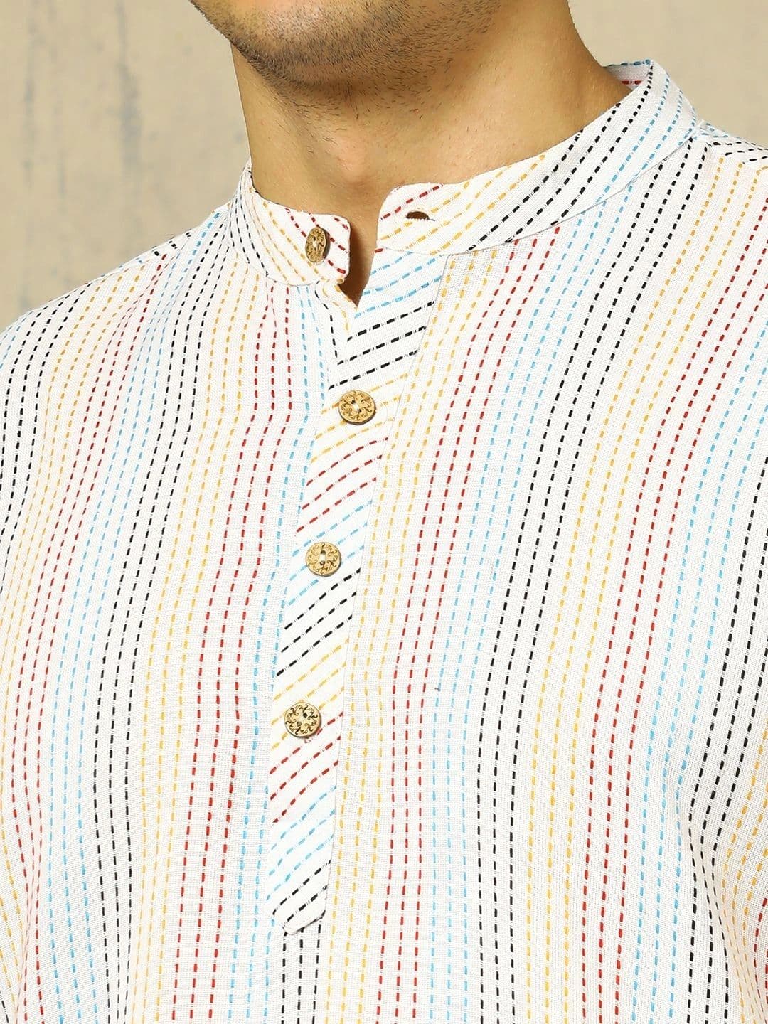 Navibhu Woven Design Striped Cotton Handloom Mandarin Collar Short Kurta thumbnail 3