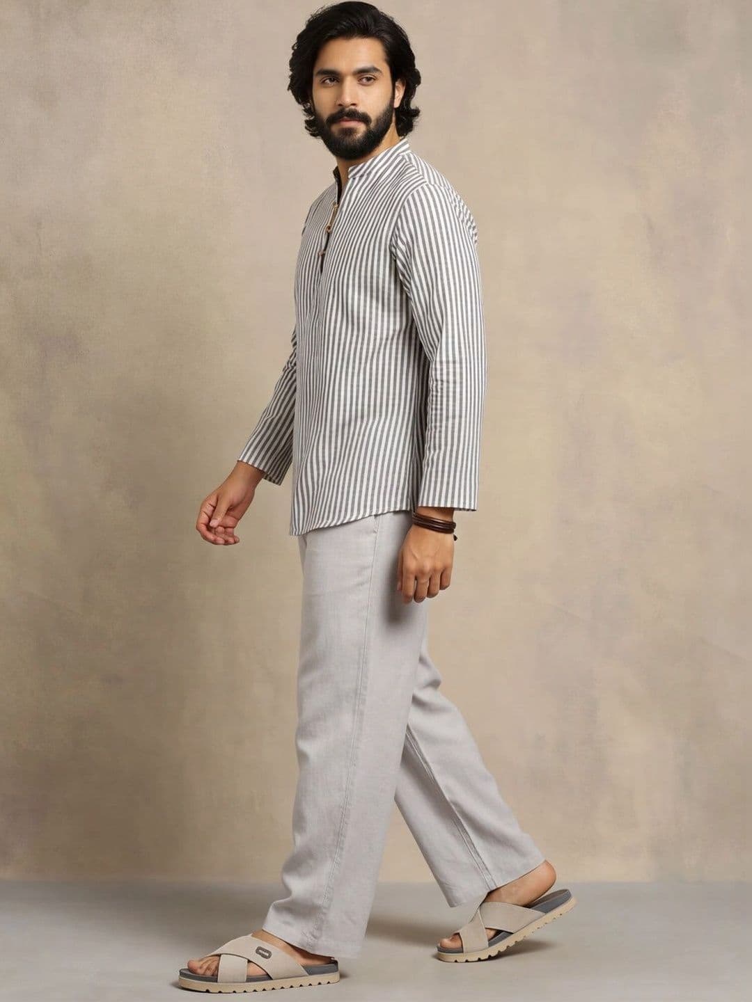Navibhu Woven Design Striped Cotton Handloom Mandarin Collar Short Kurta thumbnail 4
