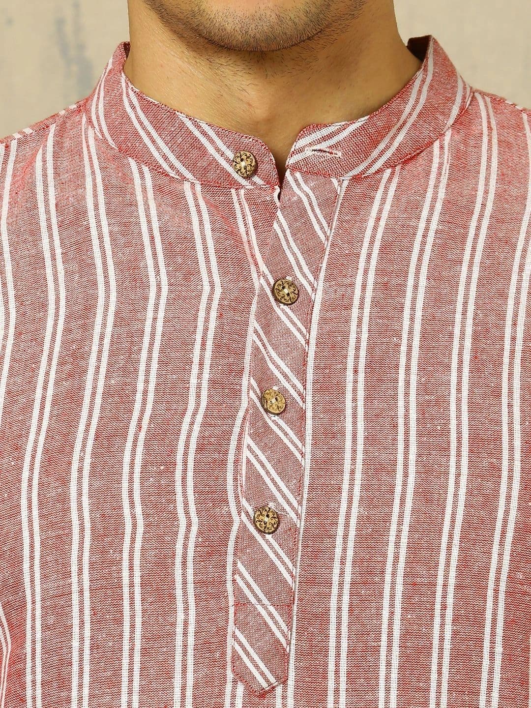 Navibhu Woven Design Striped Cotton Handloom Mandarin Collar Short Kurta thumbnail 2