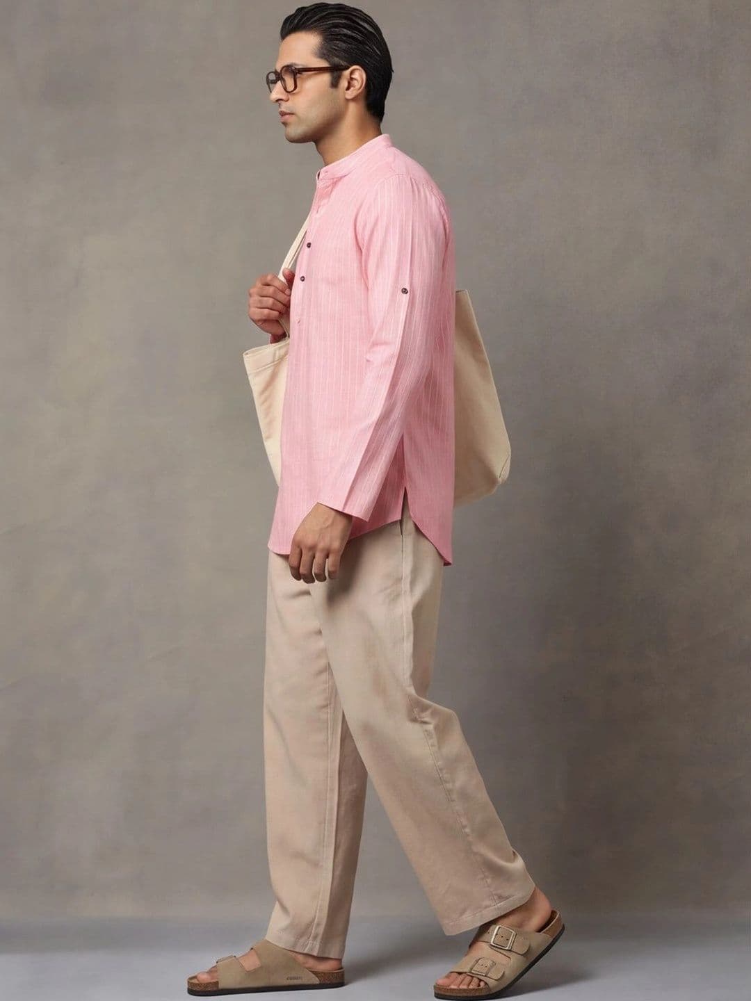 Navibhu Woven Design Solid Cotton Handloom Mandarin Collar Short Kurta thumbnail 4