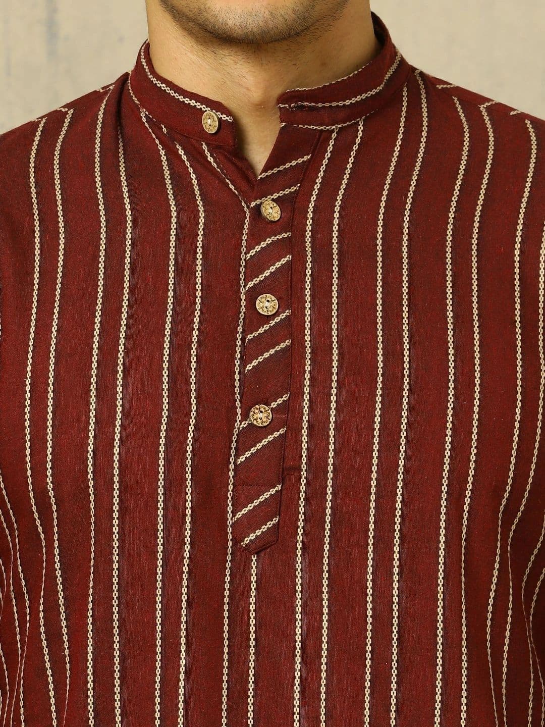 Navibhu Woven Design Striped Cotton Handloom Mandarin Collar Short Kurta thumbnail 6