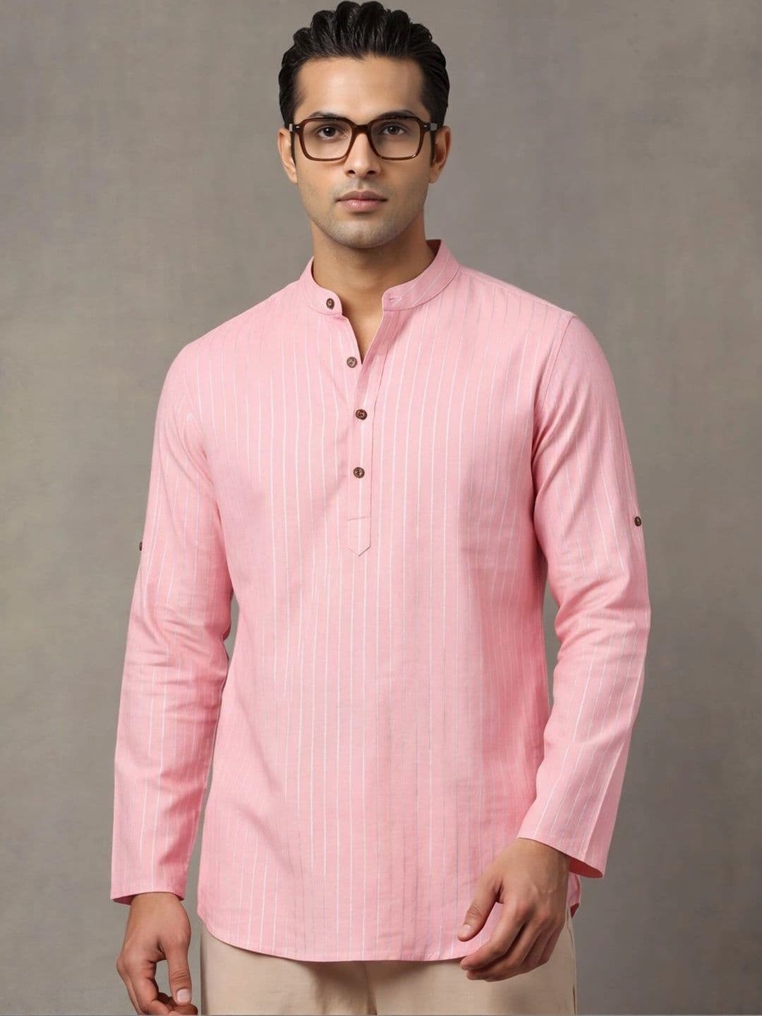 Navibhu Woven Design Solid Cotton Handloom Mandarin Collar Short Kurta thumbnail 7