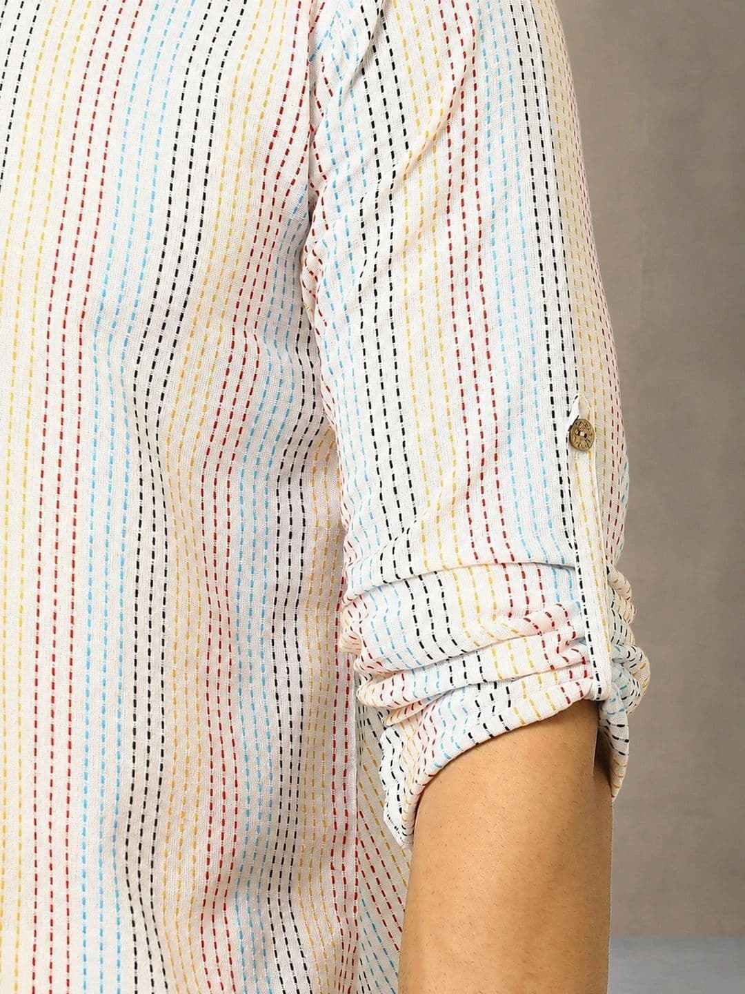 Navibhu Woven Design Striped Cotton Handloom Mandarin Collar Short Kurta thumbnail 5