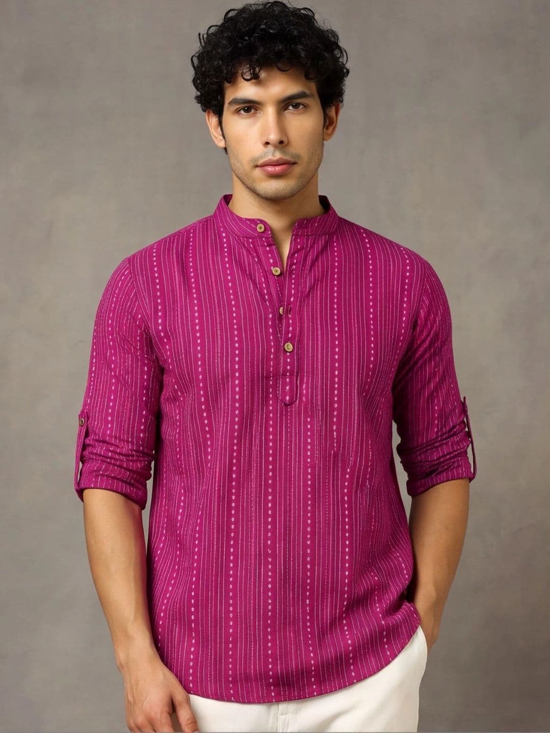 Navibhu Woven Design Abstract Cotton Handloom Mandarin Collar Short Kurta thumbnail 2
