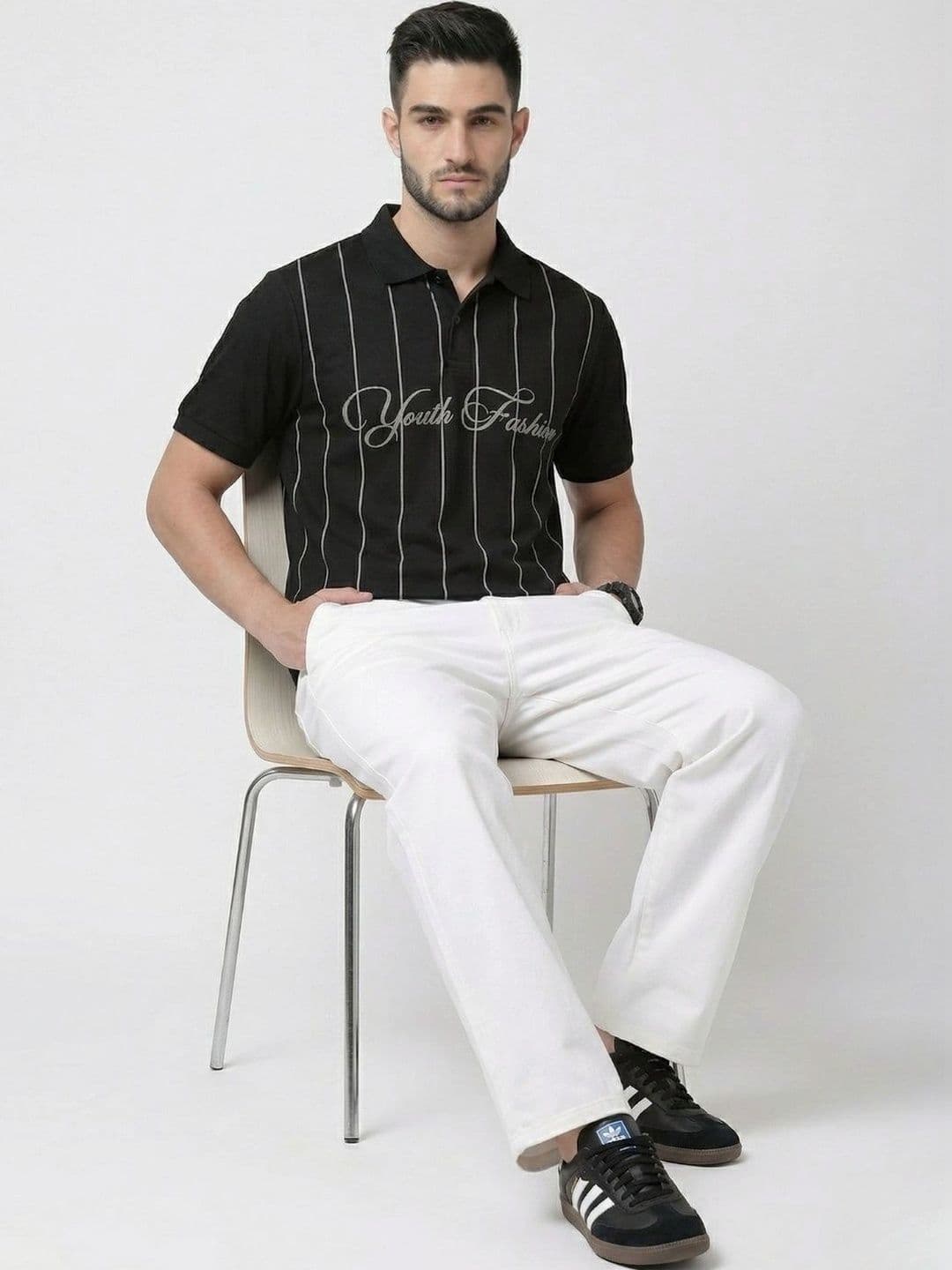 HERE&NOW Men Typography Striped Polo Collar T-shirt - view 1
