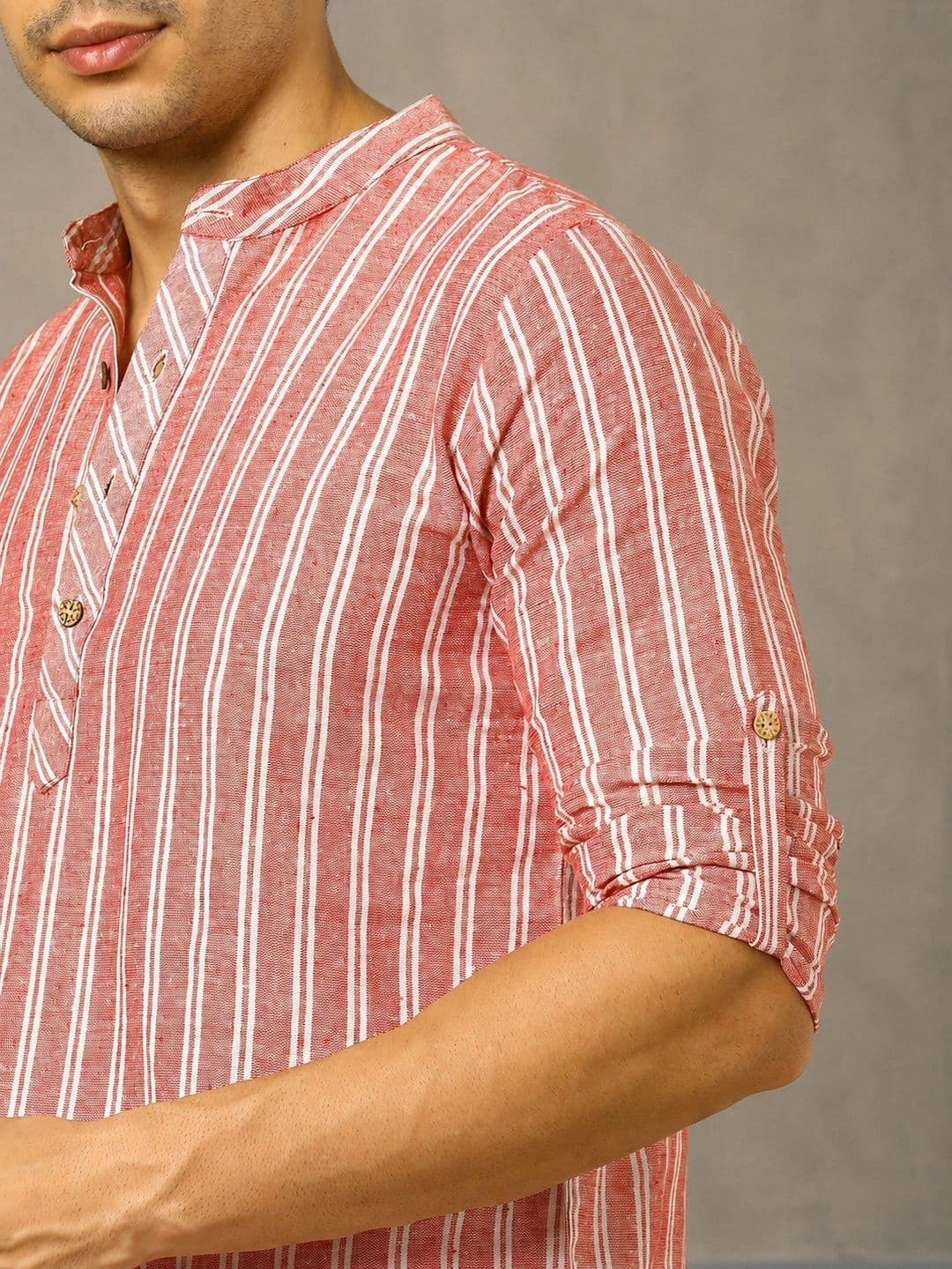 Navibhu Woven Design Striped Cotton Handloom Mandarin Collar Short Kurta thumbnail 4