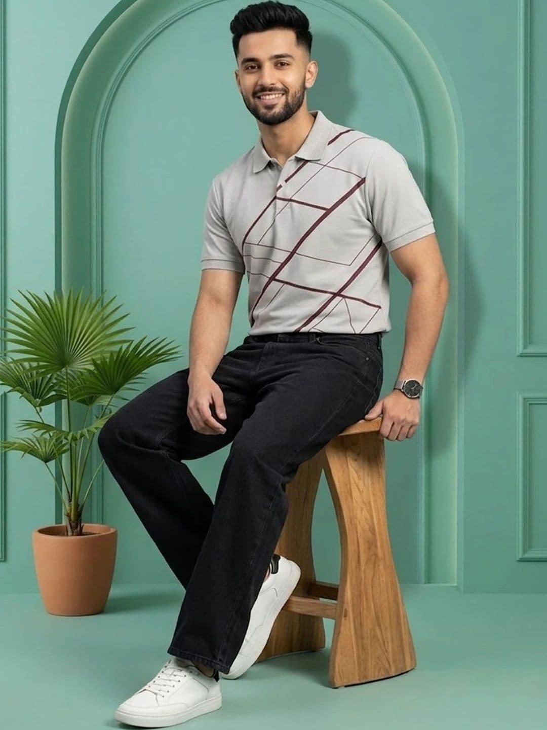 HERE&NOW Men Printed Polo Collar T-shirt thumbnail 4