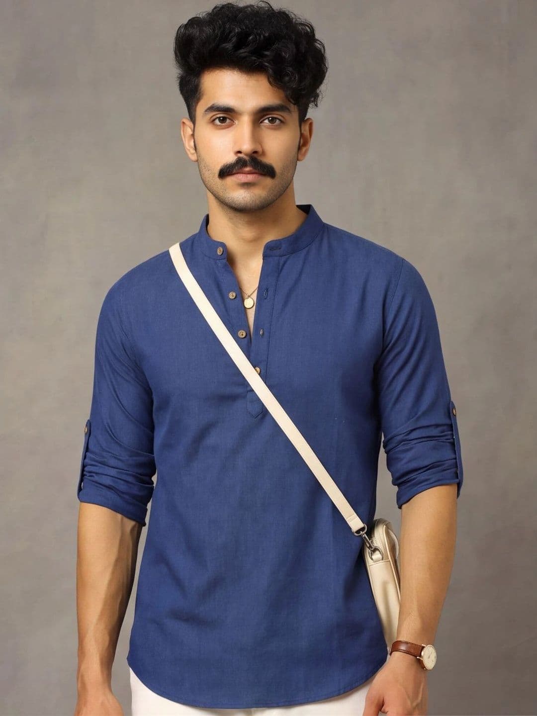 Navibhu Woven Design Solid Cotton Handloom Mandarin Collar Short Kurta thumbnail 2