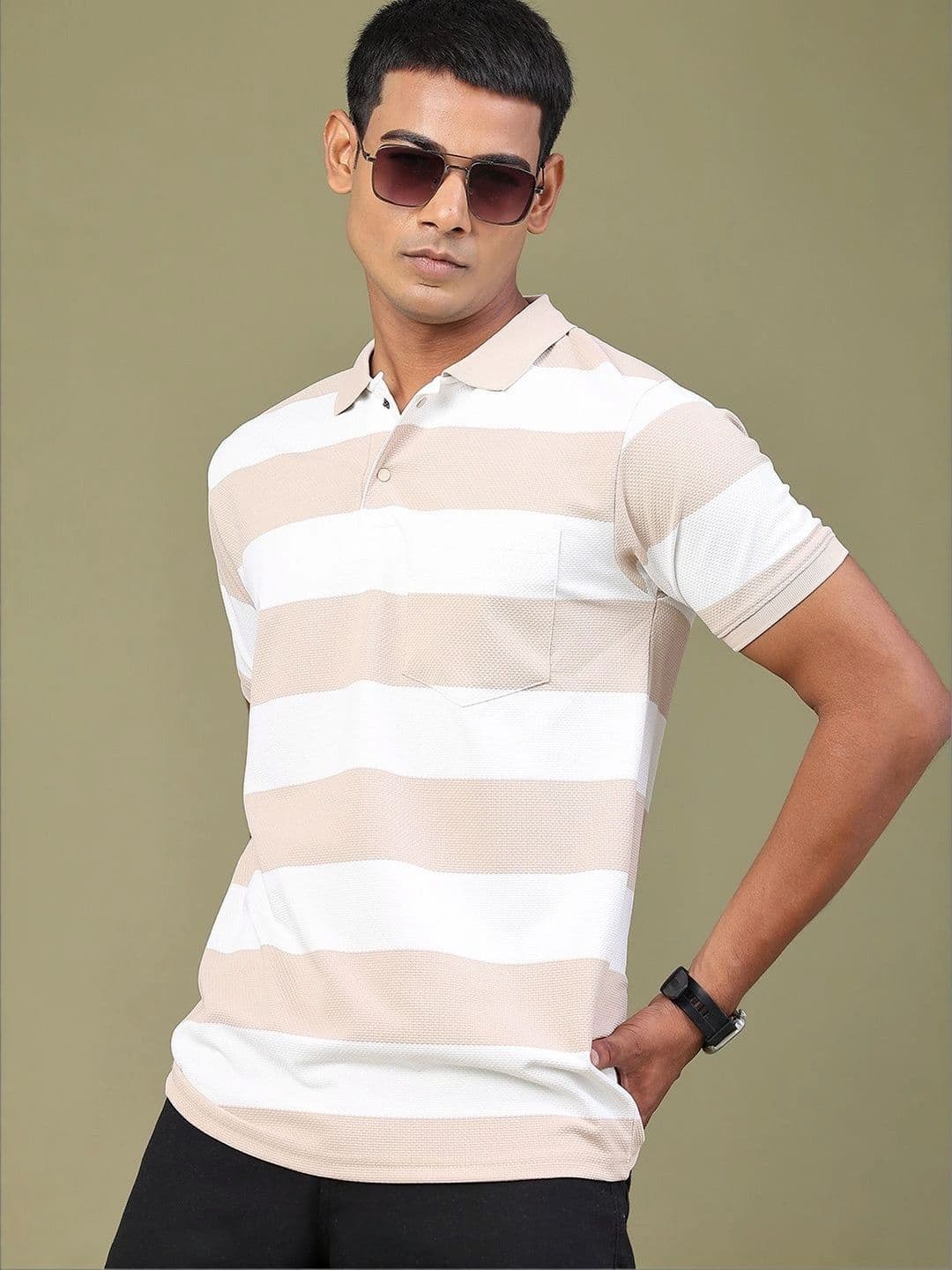 V-Mart Men Striped Polo Collar Pockets Slim Fit T-shirt - view 1
