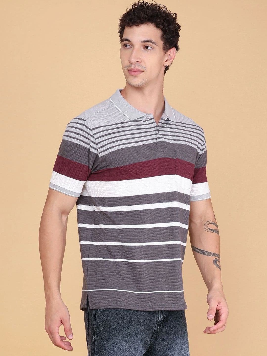 LIMEROAD Men Striped Polo Collar Pockets T-shirt thumbnail 3
