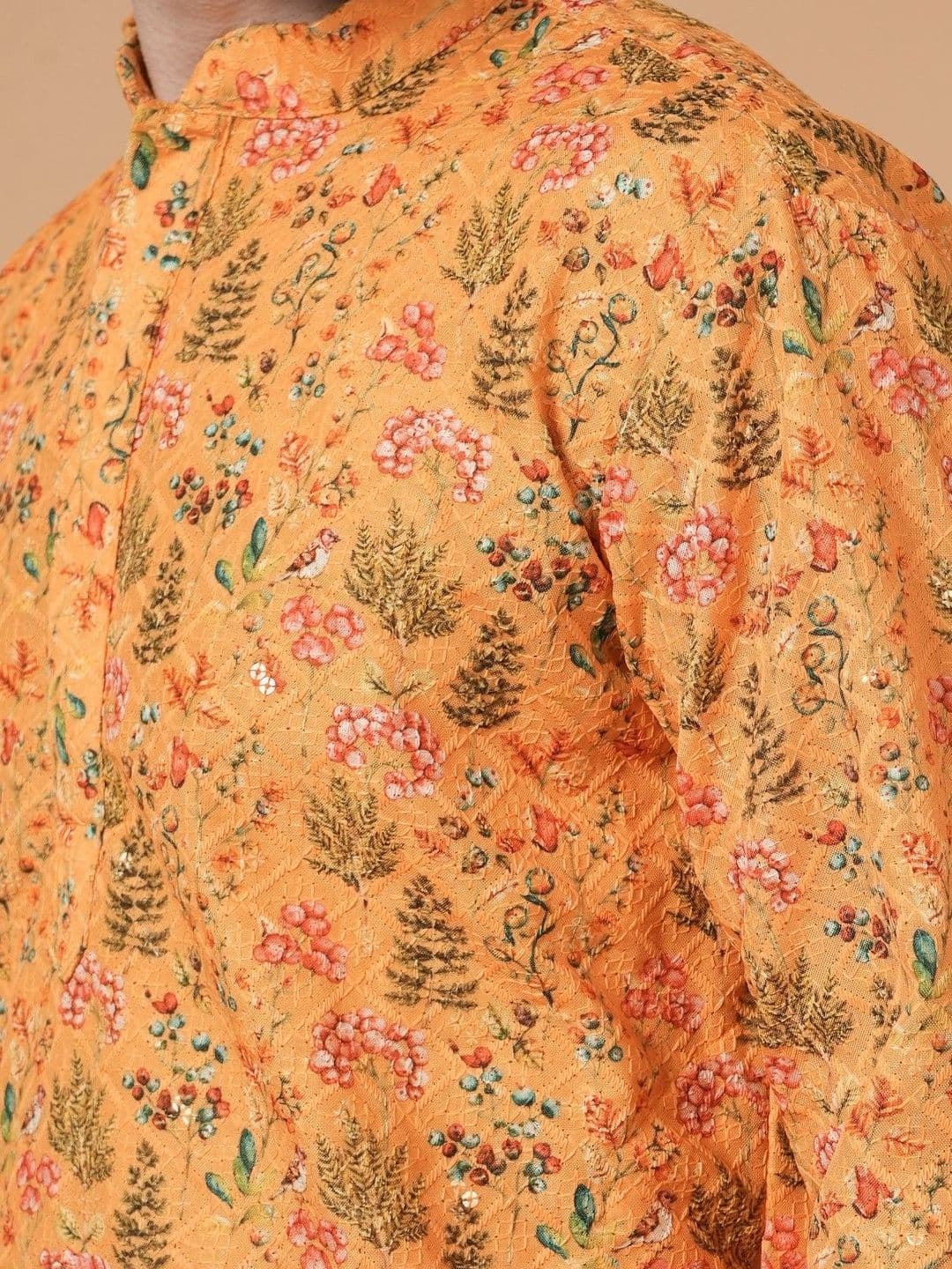 SHROBH Men Floral Printed Mirror Work Floral Kurta thumbnail 4