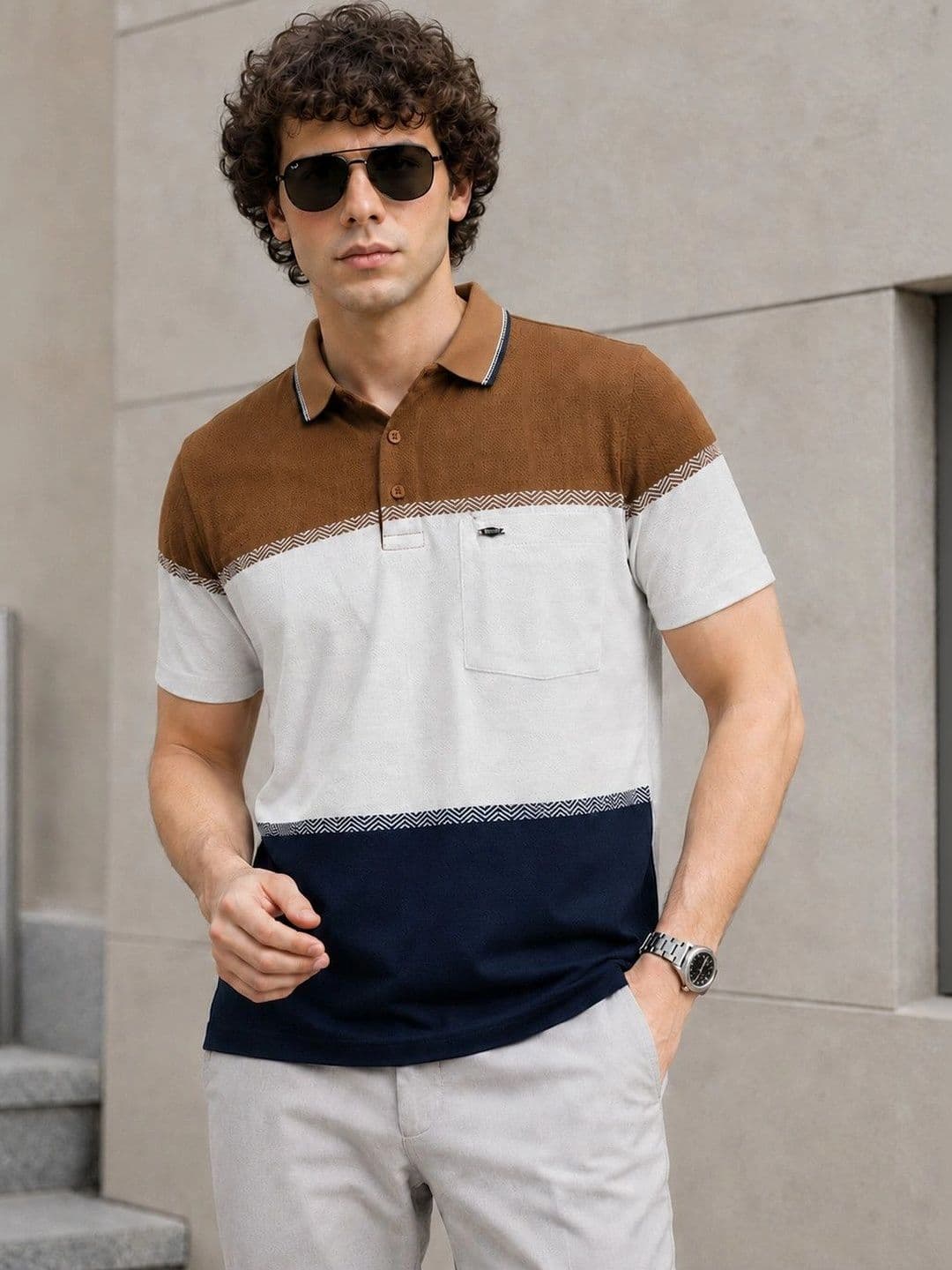 ESSA Men Colourblocked Polo Collar Pockets T-shirt - view 1