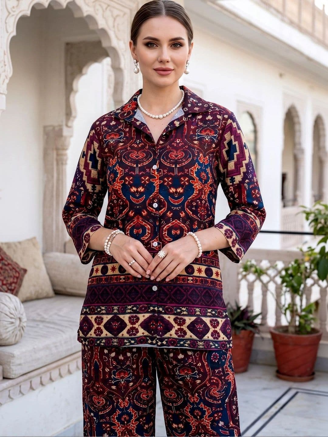 Laasika Maroon Printed Tunic Shirt with Palazzos thumbnail 3