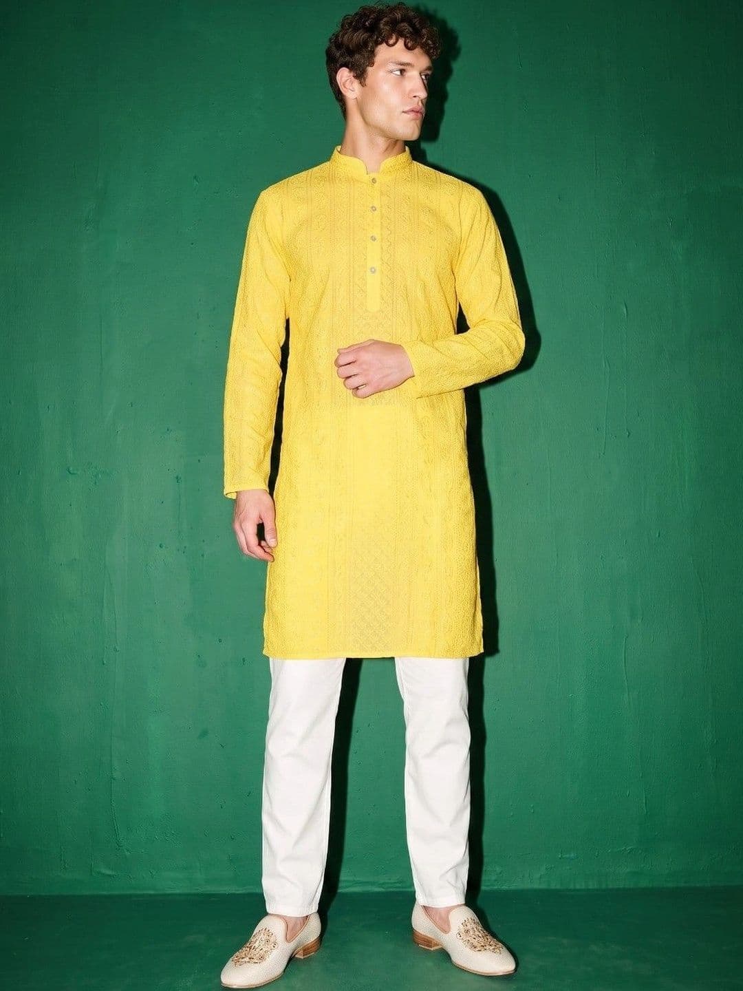 DRIP CHOWK Men Ethnic Motifs Embroidered Chikankari Georgette Kurta thumbnail 2