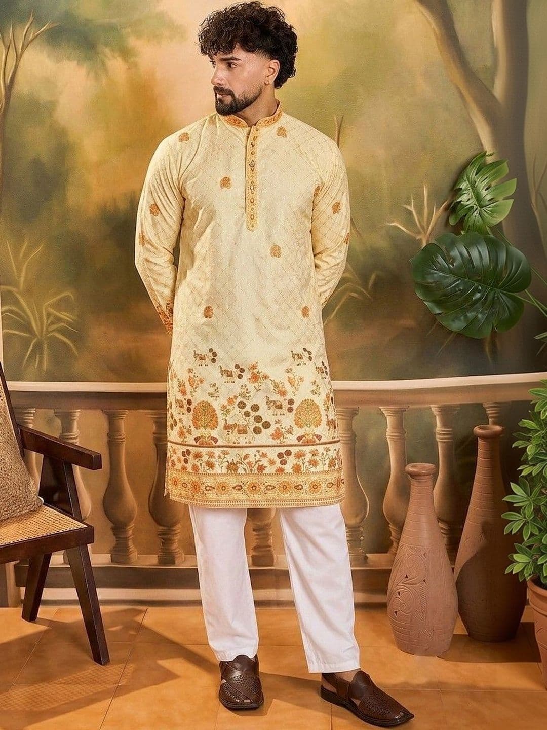 VELKYNOX Men Ethnic Motifs Thread Work Kurta thumbnail 4