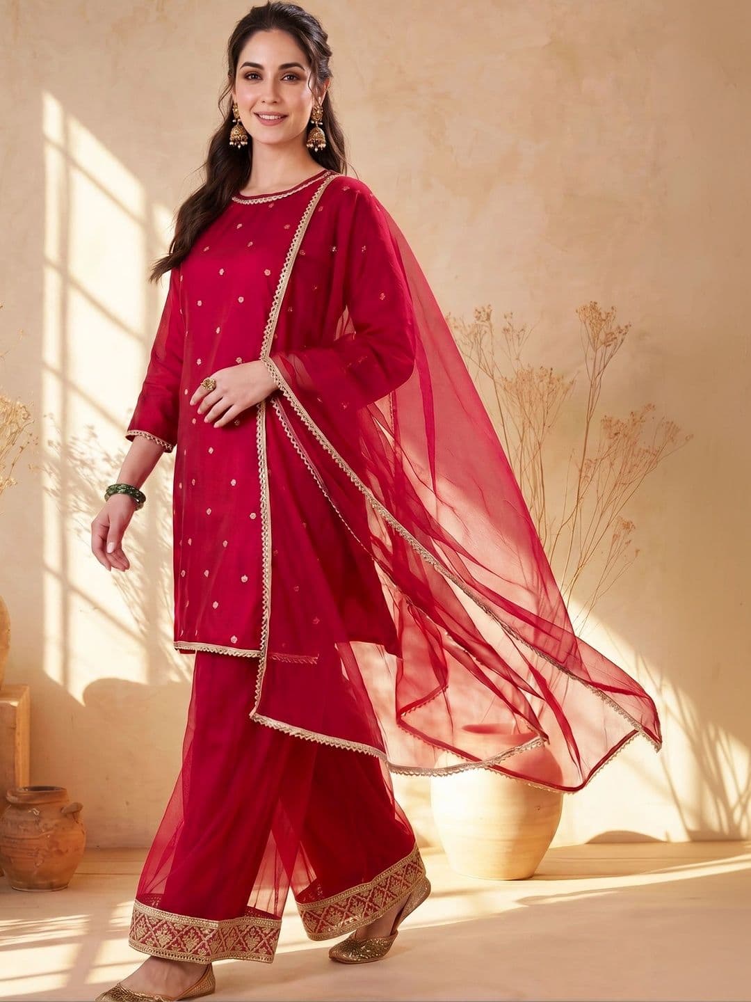 AVANSHEE Women Ethnic Motifs Embroidered Regular Kurta with Palazzos & With Dupatta - view 1