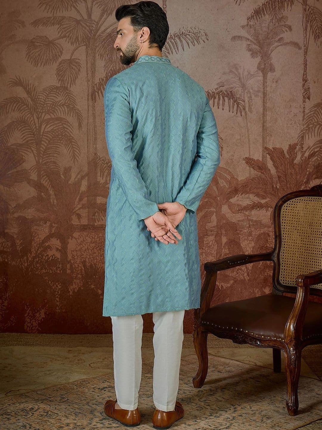 House of Pataudi Men Thread Work Jacquard Kurta thumbnail 4