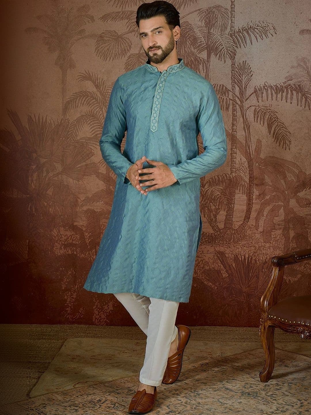 House of Pataudi Men Thread Work Jacquard Kurta - view 1