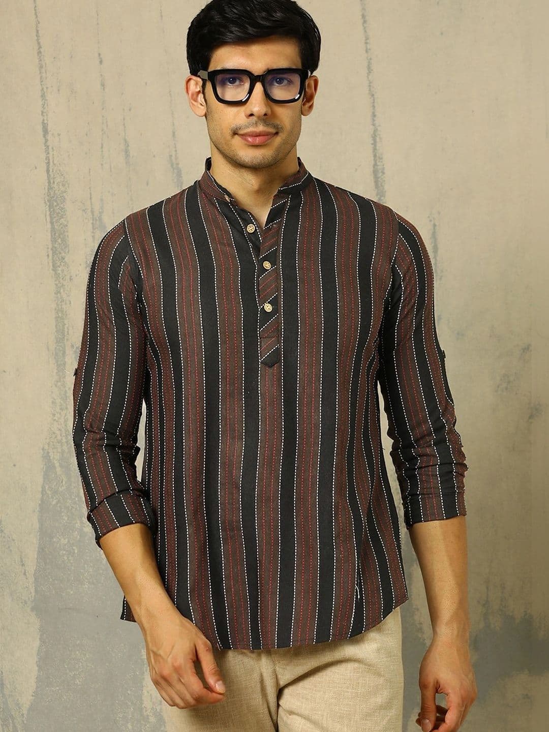 Anouk Woven Design Striped Cotton Handloom Mandarin Collar Short Kurta - view 1
