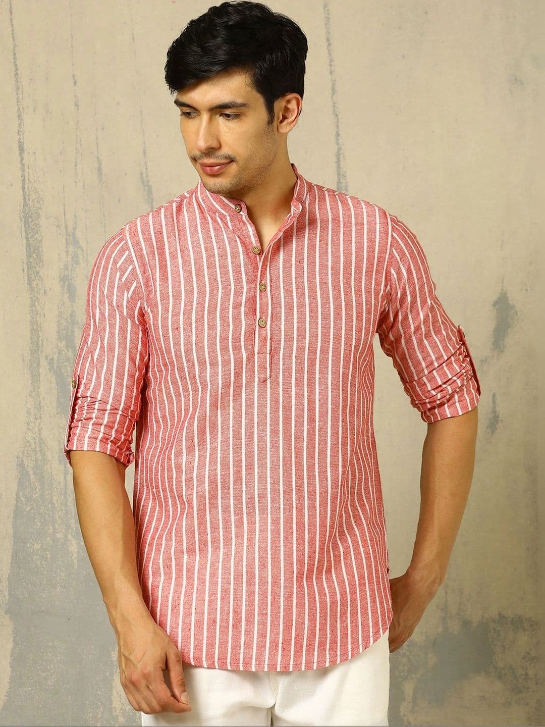 Anouk Woven Design Striped Cotton Handloom Mandarin Collar Short Kurta thumbnail 4