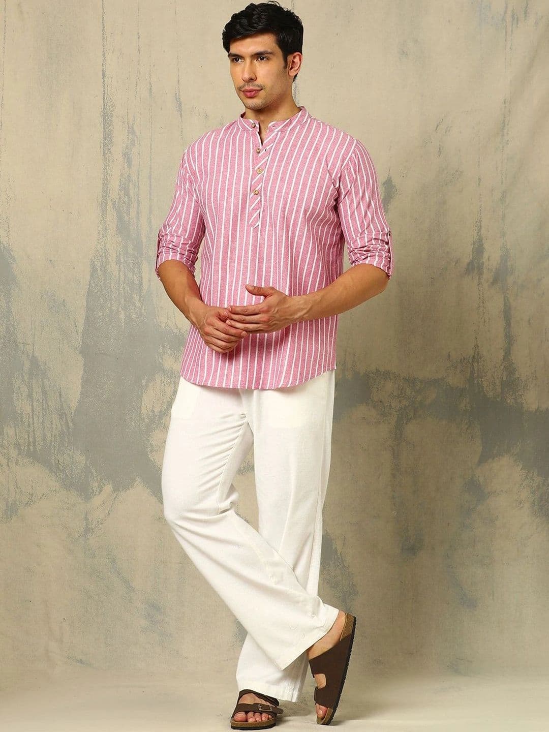 Anouk Woven Design Striped Cotton Handloom Mandarin Collar Short Kurta thumbnail 5