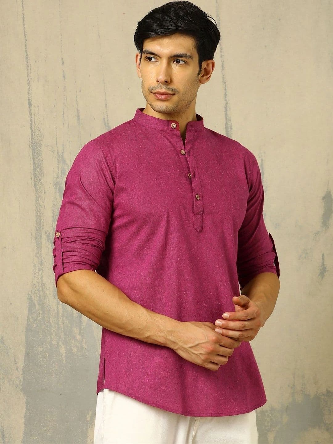 Anouk Woven Design Solid Cotton Handloom Mandarin Collar Short Kurta thumbnail 2