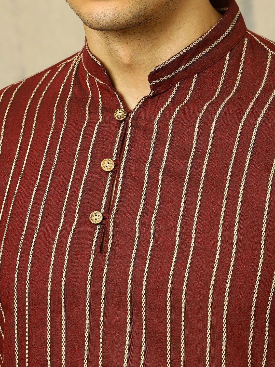 Anouk Woven Design Striped Cotton Handloom Mandarin Collar Short Kurta thumbnail 5