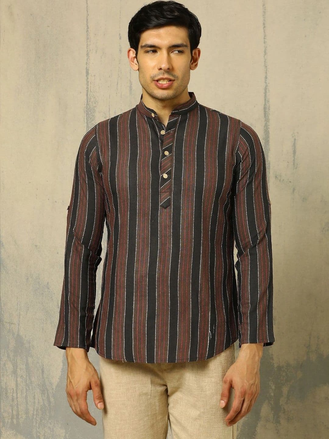 Anouk Woven Design Striped Cotton Handloom Mandarin Collar Short Kurta thumbnail 3