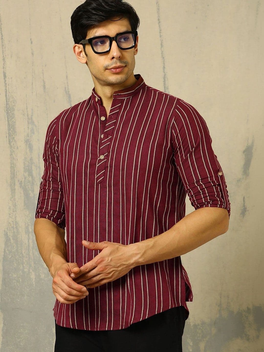 Anouk Woven Design Striped Cotton Handloom Mandarin Collar Short Kurta - view 1