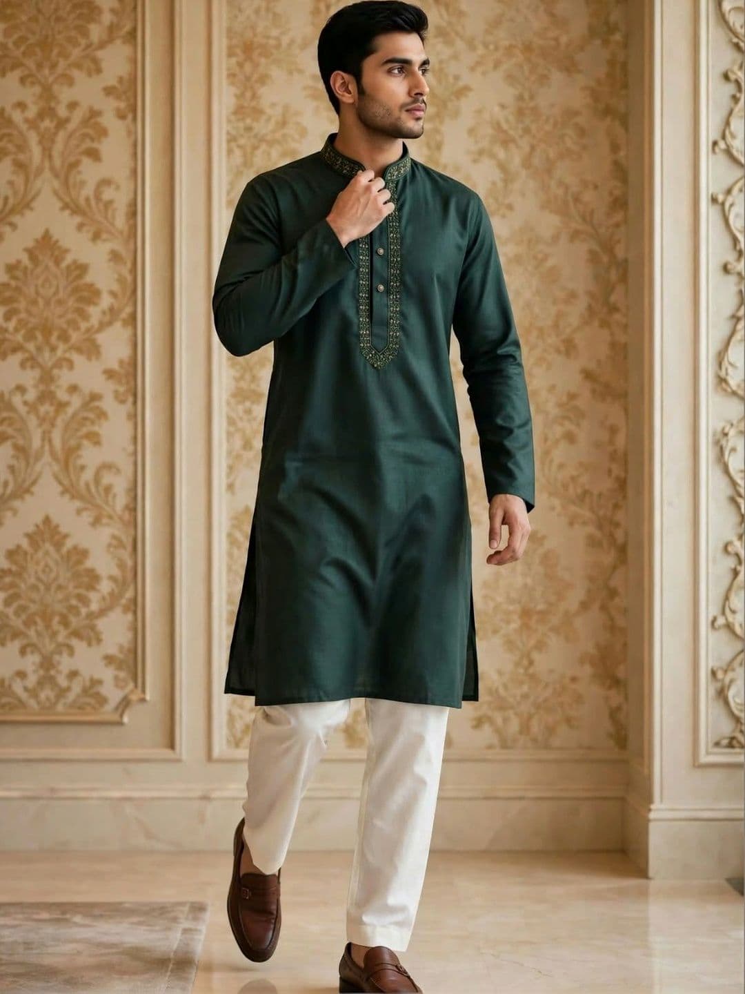 MEHWISH Men Ethnic Motifs Embroidered Thread Work Handloom Kurta thumbnail 3
