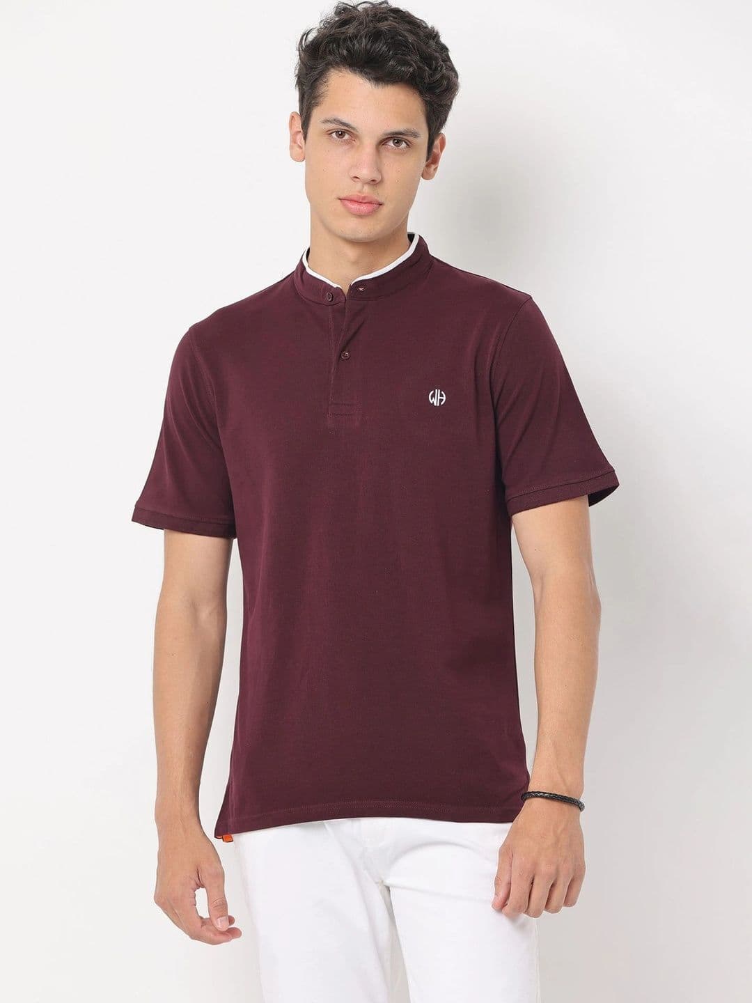WEARHOUSE Men Brand Logo Mandarin Collar Slim Fit T-shirt - view 1