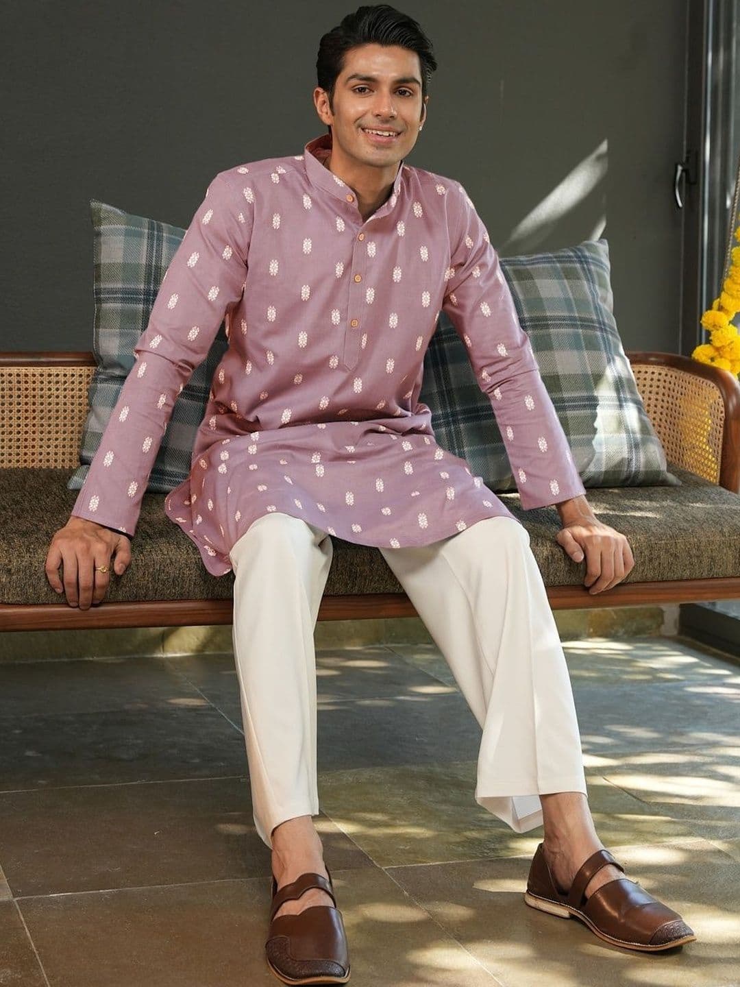 Anouk Men's Pink Self-Design Cotton Straight Kurta thumbnail 6