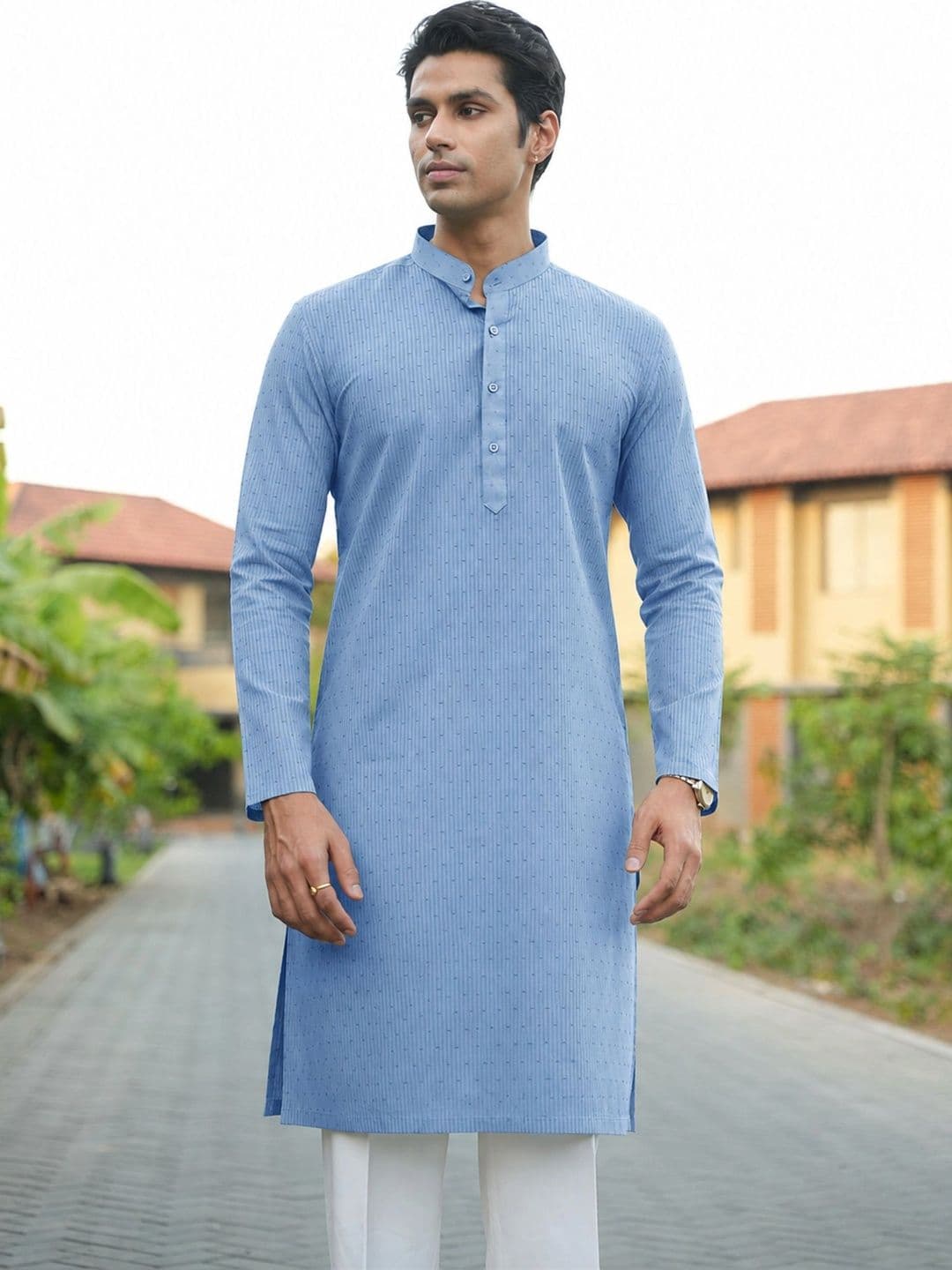 Anouk Men's Blue Self-Design Cotton Straight Kurta thumbnail 3
