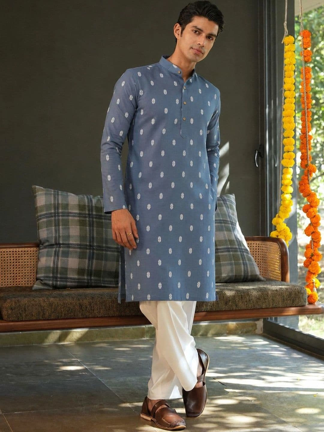 Anouk Men's Blue Self-Design Cotton Straight Kurta - view 1