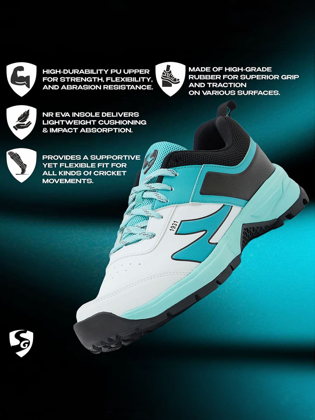 SG Impact Cricket Shoes White-Arctic Teal - Durable Breathable Performance Design thumbnail 7
